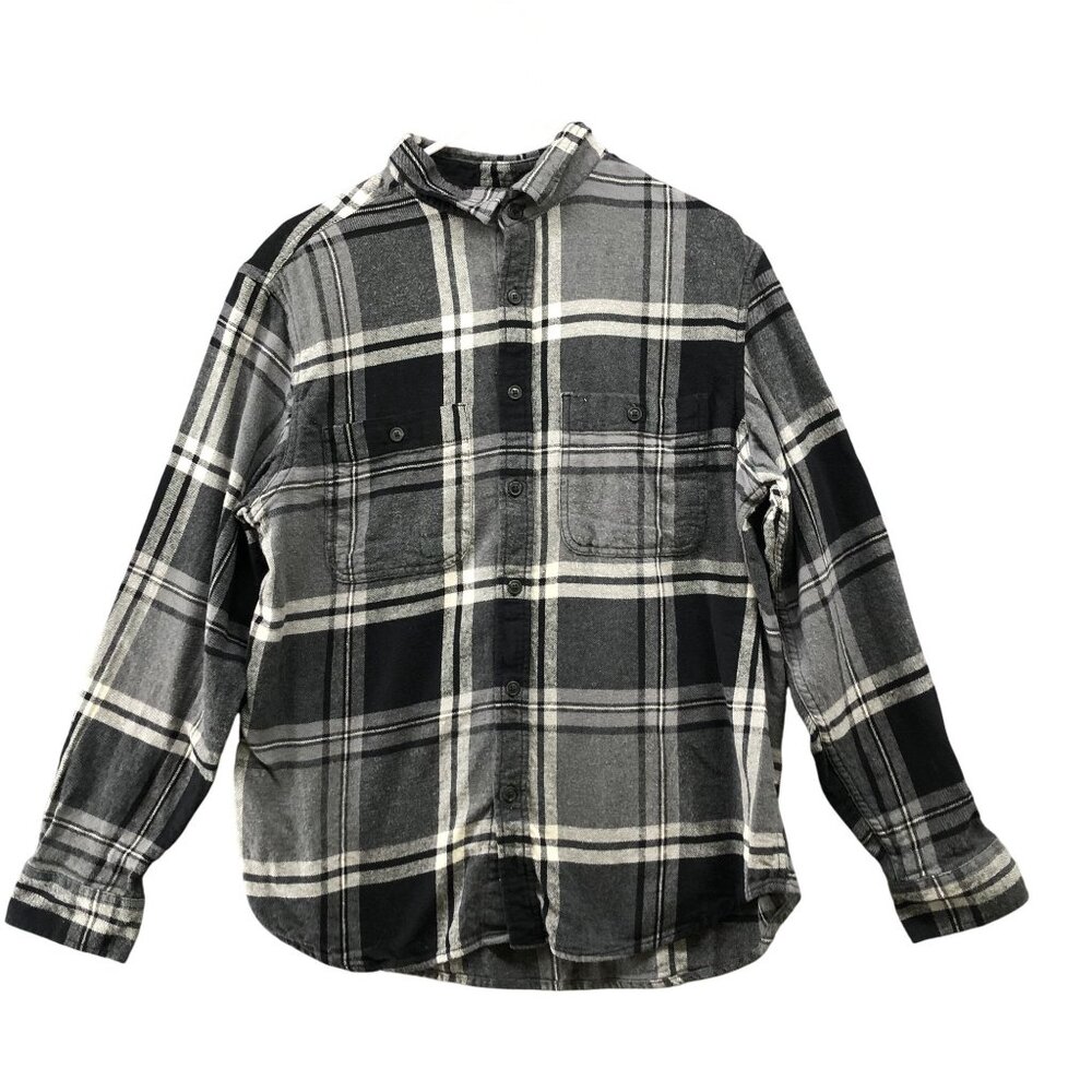 Old Navy Flannel Shirt Mens L Double Brushed Gray Black Plaid Cotton
